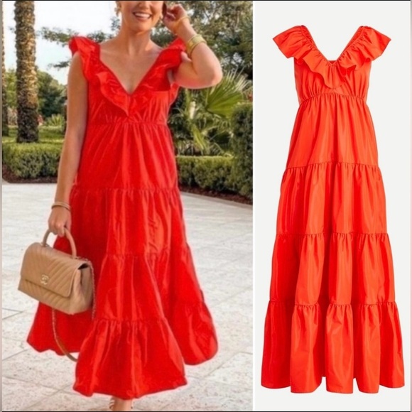 J Crew Ruffled Tiered Taffeta Maxi Dress Orange Red Resort Casual Size 00 - Picture 1 of 9